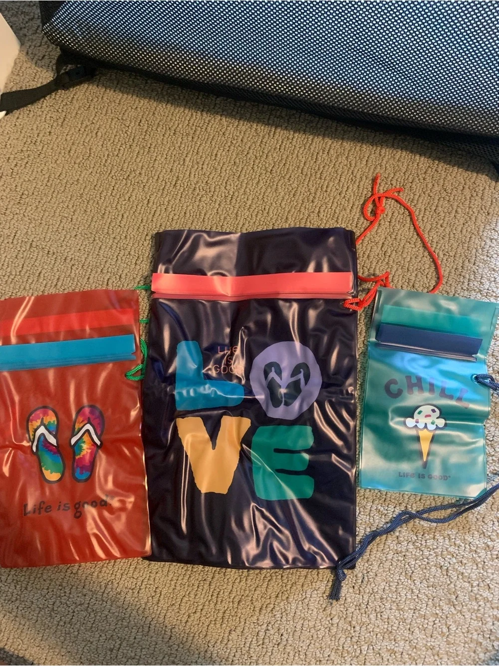 New in Box! Life is Good Water-Resistant Dry Bags 3-Pack - Blue/Turquoise/Orange
